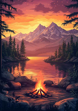 Campfire Sunset Mountains