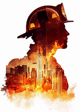 Firefighter Silhouette Cityscape