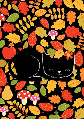 Cute Sleeping Cat in Autumn Leaves