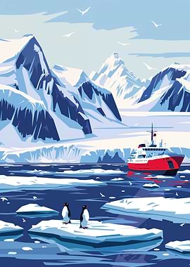 Antarctica Landscape with Penguins