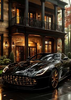 Black Luxury Car in Front of Mansion