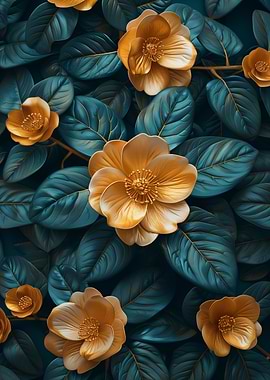 Golden Flowers on Teal Leaves