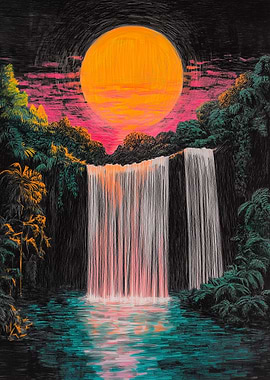 Sunset Waterfall Crayons Scratch