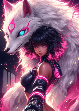 Anime Girl with White Wolf