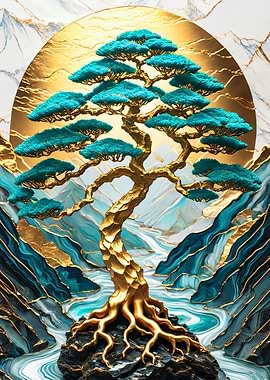 Japanese Art Landscape Golden Bonsai Tree Mountains Background and River flowing