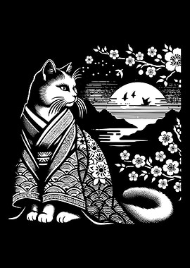 Cat in Kimono Under Moon
