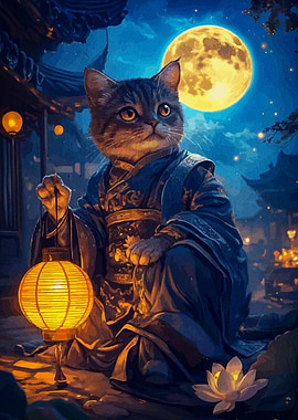Cat in Kimono Under Full Moon
