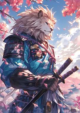 Lion Samurai Sakura Flowers