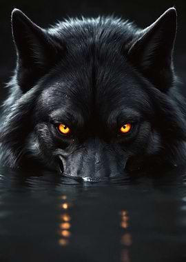 Black Wolf with Glowing Eyes underwater