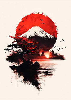 Sakura Tree on Mount Fuji Sunset