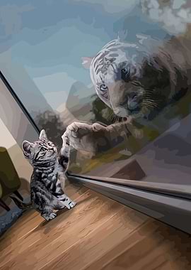 Kitten and Tiger Through Glass