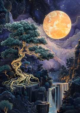 Gold Bonsai Waterfall moon