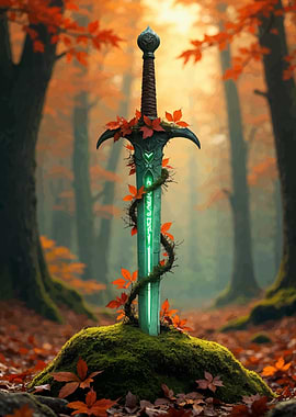 Enchanted Sword in Autumn Forest