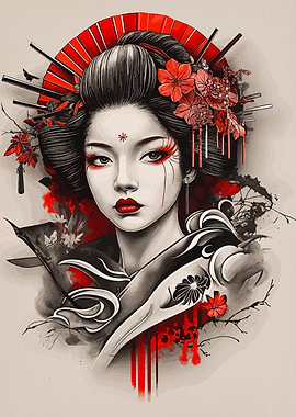 Geisha with Red Flowers