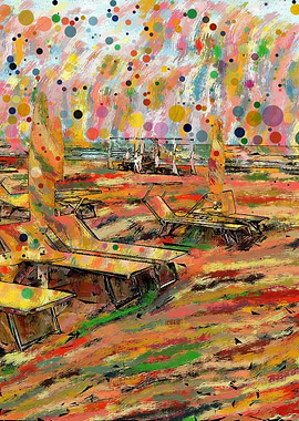 Sun loungers on the beach in Rimini. Abstract Art