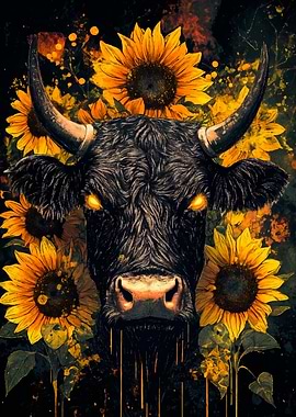 Cow and Sunflowers