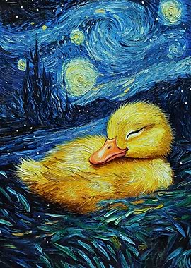 Baby Duck Duckling in Starry Night