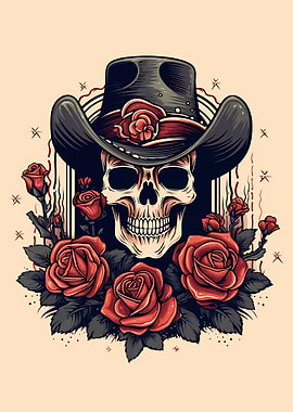 Skull in Cowboy Hat with Roses