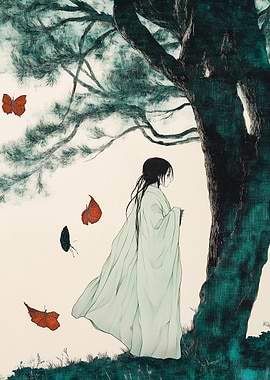 Woman in White Robe with Butterflies