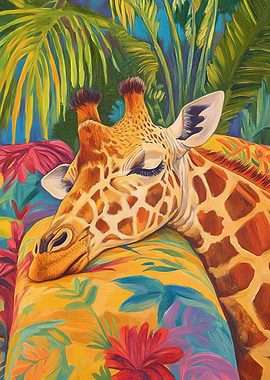 Sleeping Giraffe in Tropical Paradise