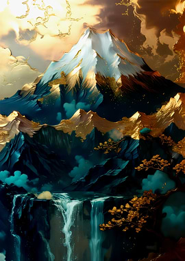Japanese Art Golden Mountain Waterfall