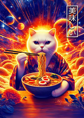 Cat Eating Ramen in Space