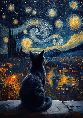 Starry Night Cat Landscape