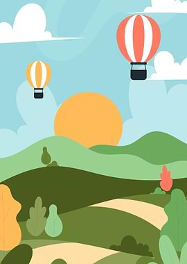 Hot Air Balloons Over Hills