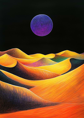 Purple Moon Over Dunes Crayon Art