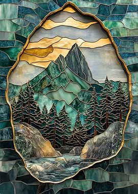 Stained Glass Mountain Landscape
