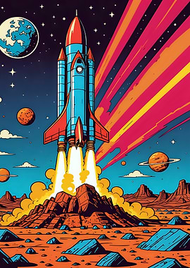 A retro comic style colors vector art of a Rocket Launch into Space