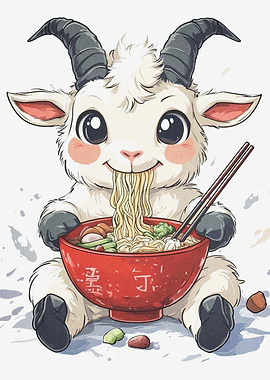Cute Goat Eating Ramen