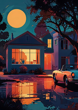 Sportscar parked in Suburban street at night