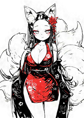 Ink Kitsune in Red Kimono