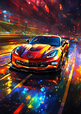 Red Corvette in Neon City