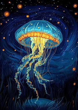 Blue Jellyfish in Night Sky