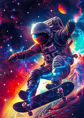 Astronaut Skateboarding in Space