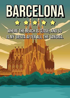 Funny Barcelona Review Minimal Retro Travel Poster