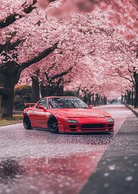 Red Sports Car Under Cherry Blossoms