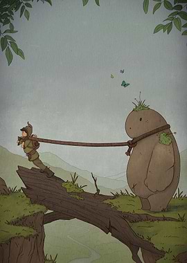 Boy Pulling Stone Creature