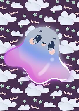 Cute Ghost Spirit with Stars and Clouds