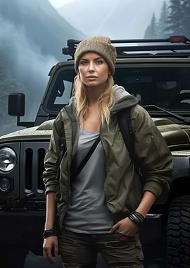 Woman in green and Jeep