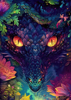 Dragon in Bloom Neon Fantasy Art
