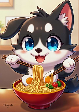 Cute Puppy Eating Ramen