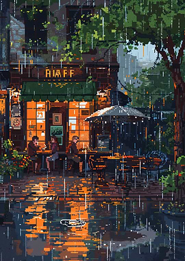 Rainy Cafe Scene Pixel Art