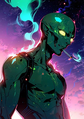 Green-Skinned Figure in Space