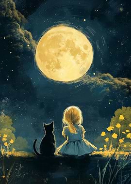 Girl and Cat Under Full Mo