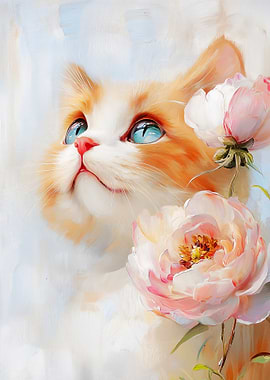 Cute Orange Tabby Cat with Peonies