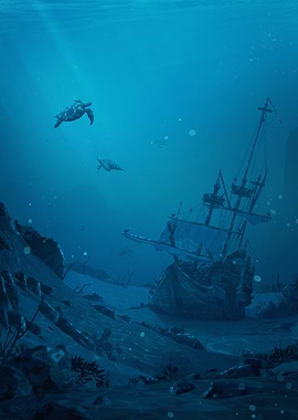 Boat and turtles - Shipwreck Underwater
