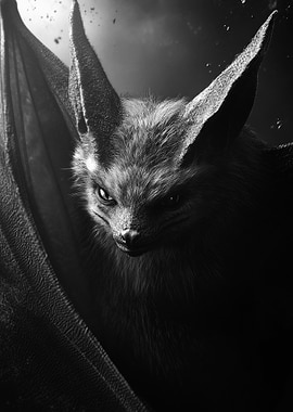 Fierce Bat in Flight - Monochrome Nocturnal Creature Art